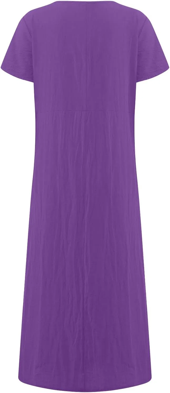 Женское летнее платье макси из хлопка и льна, Purple — фото 4