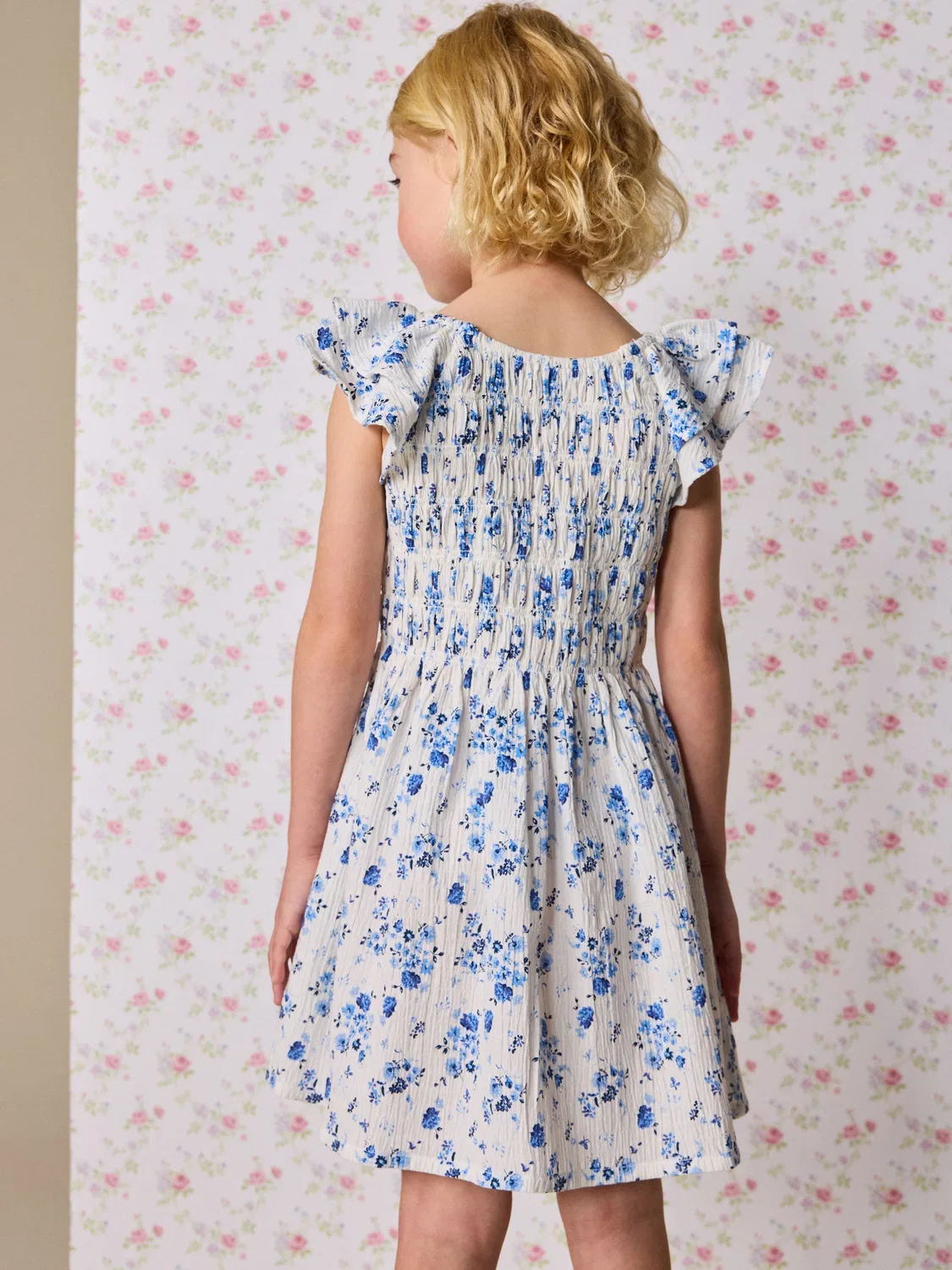 Платье с цветочным принтом, Smocked Frill Sleeve Next, Blue Floral — фото 3