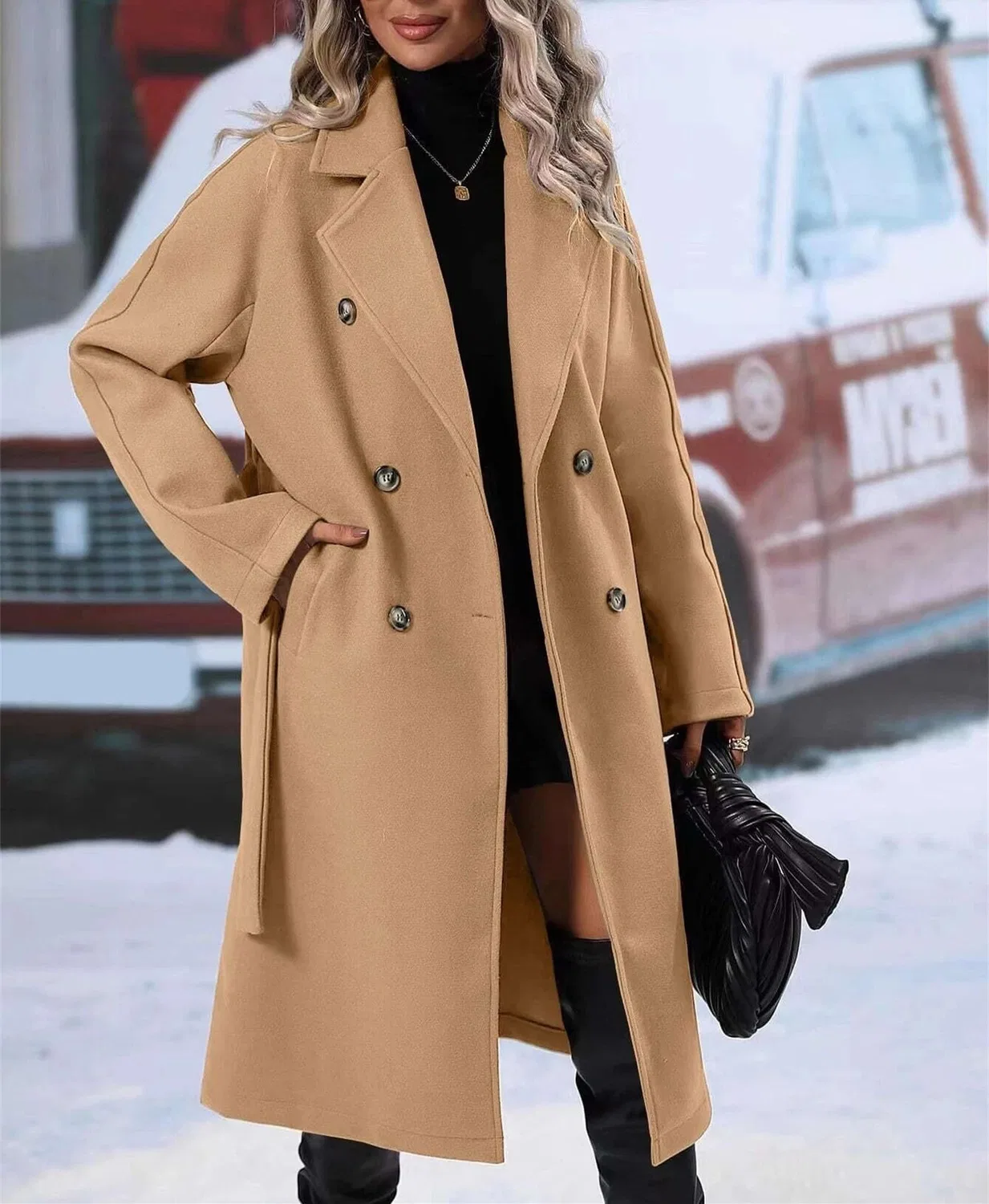 Женское пальто с двубортной застежкой и поясом, модель Elegant Casual Winter Warm Coat, Dark Khaki — фото 3