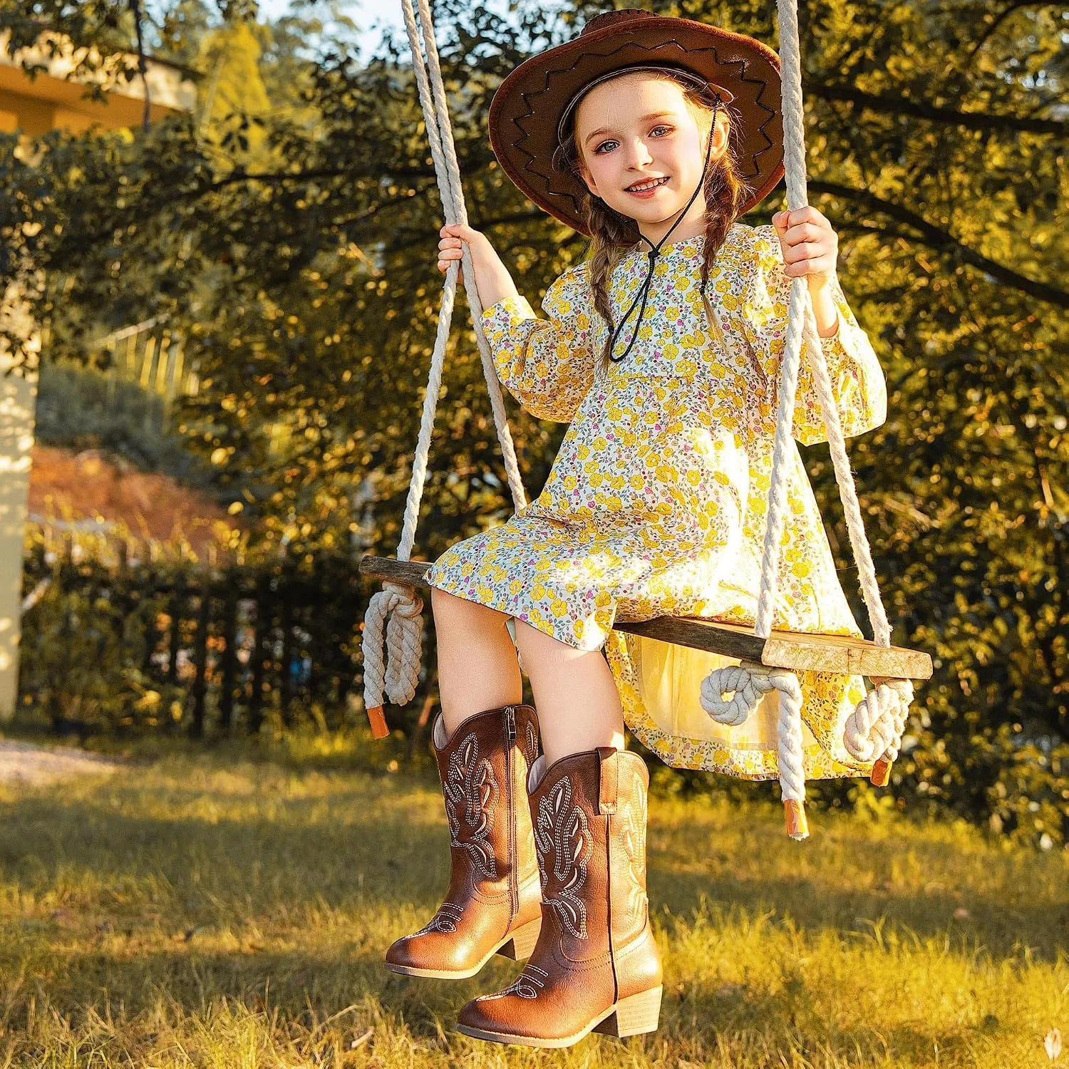 Детские сапоги для девочек с принтом Cowgirl Boots LAURMOSA, Reddish Brown — фото 3
