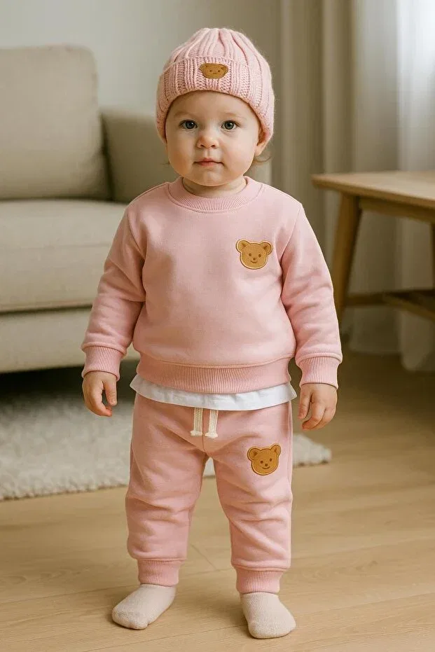 Детский комплект из футера с вышивкой Teddy pink Şapkakids, Pink