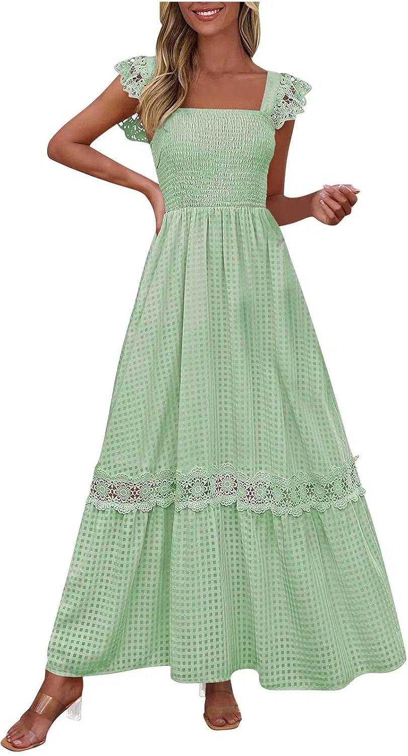 Женское летнее платье в клетку с воланами и кружевом, Mint Green