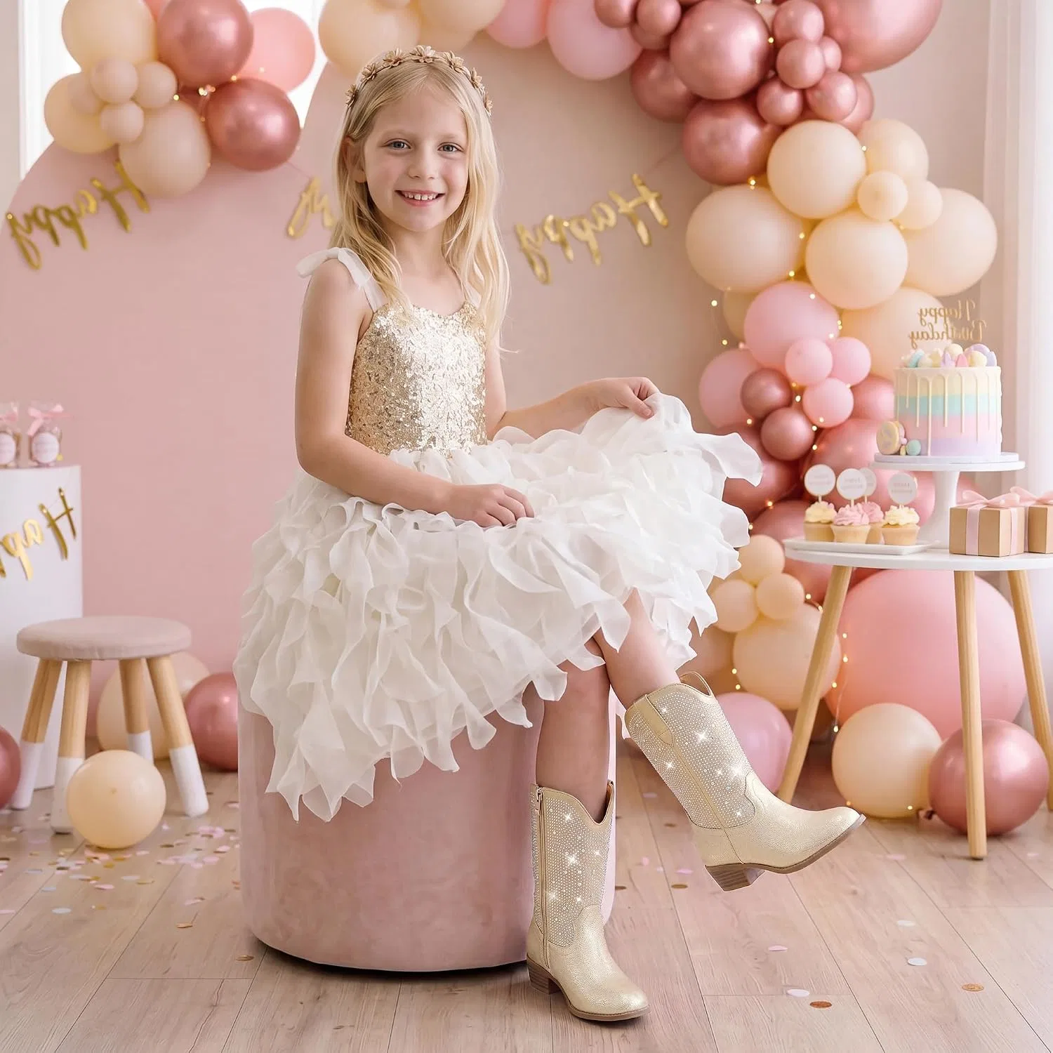 Детские сапоги для девочек с принтом Motasha Rhinestone Girls Cowboy Boots Sparkly Cowgirl Boots Little Big Kid Motasha, Champagne — фото 2