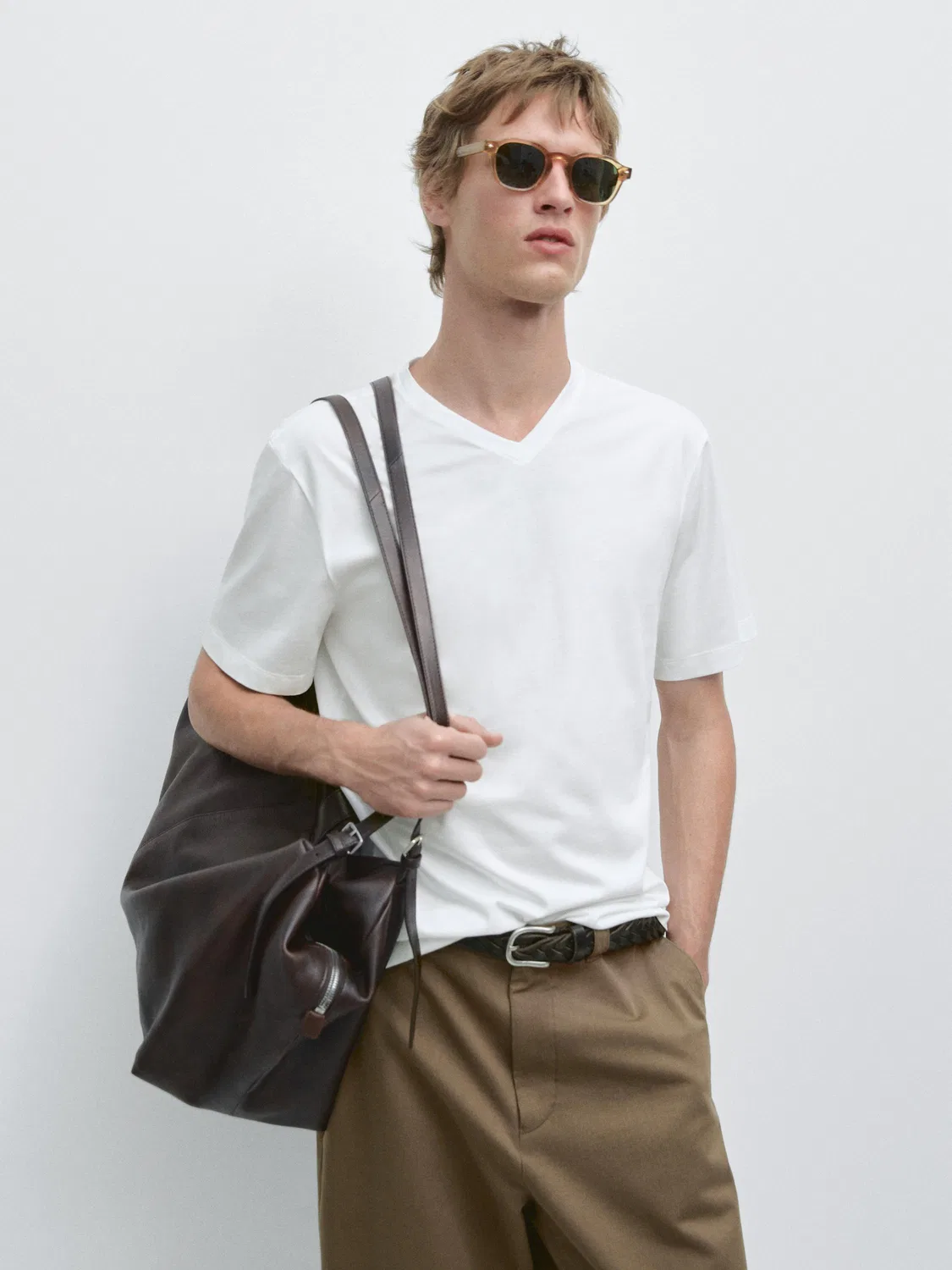 Футболка с V-образным вырезом из 100% хлопка Massimo Dutti, белый — фото 2