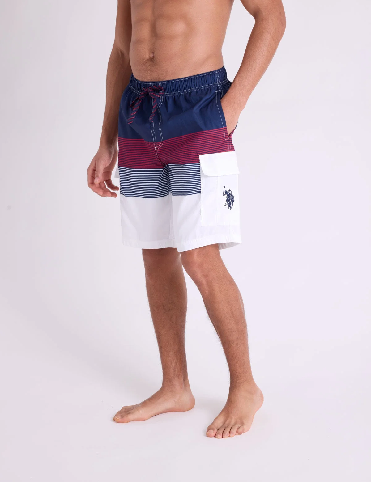 Мужские шорты для плавания U.S. Polo Assn. 10" Colorblock Stripe Cargo, темно-синий/красный/белый — фото 3