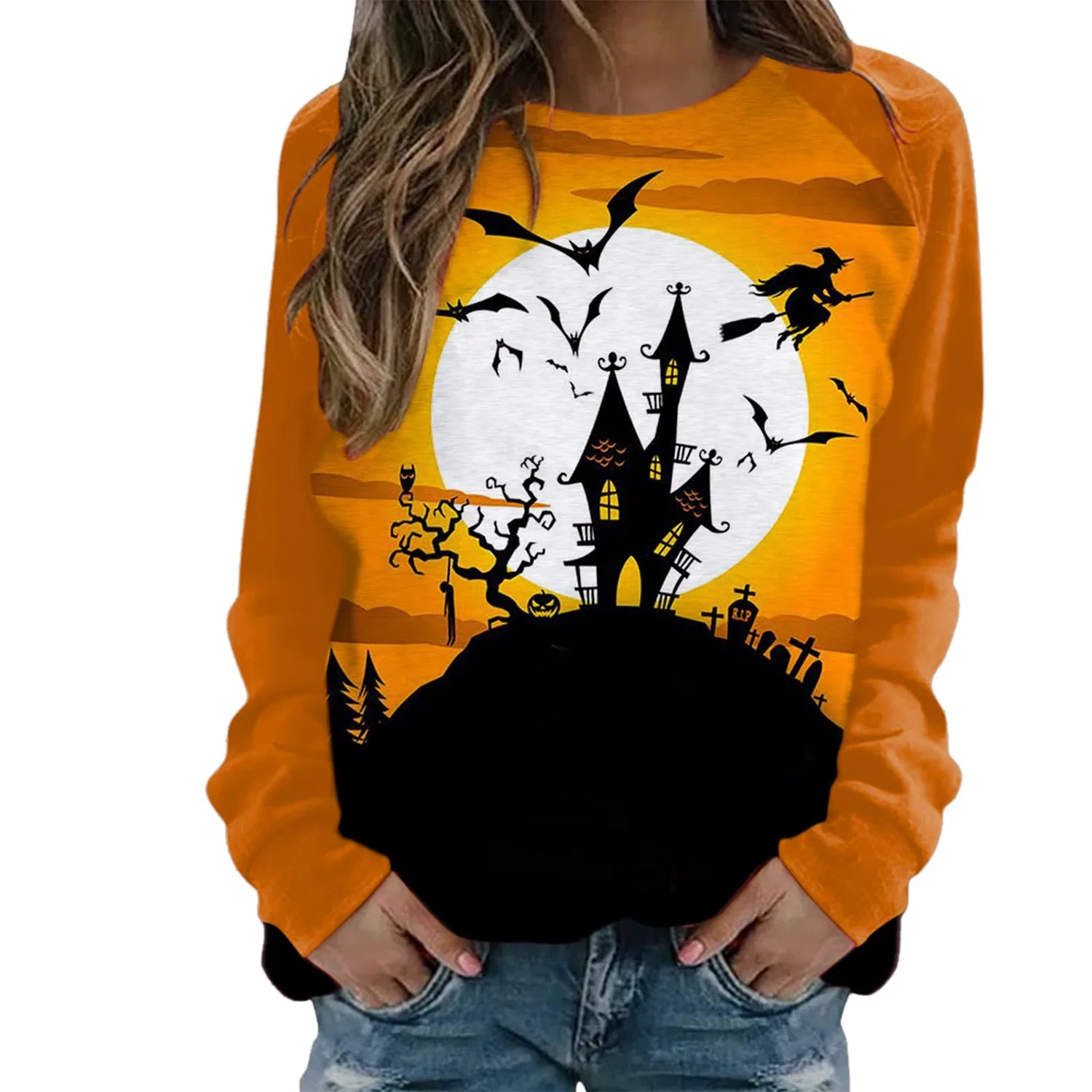 Женский худи с капюшоном с принтом Halloween, с длинным рукавом, White