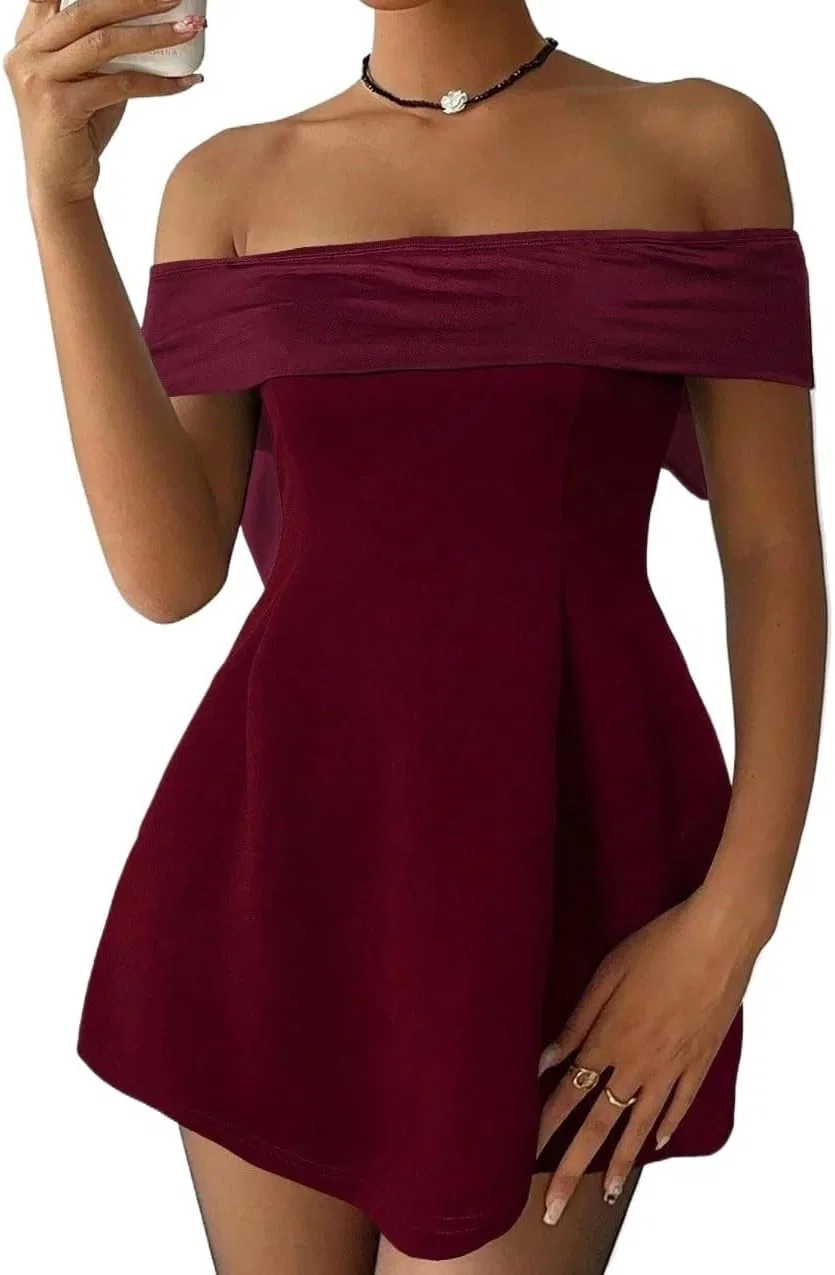 Женское A-силуэта платье с открытыми плечами Off Shoulder, Burgundy
