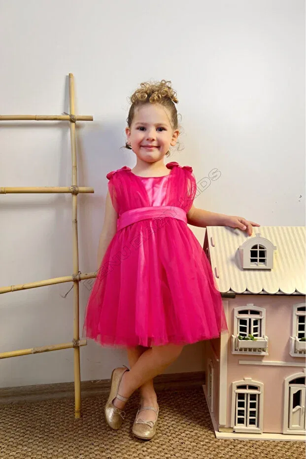 Детское платье для девочек с принтом Fuchsia top satin back big bow small bow detail tulle girl baby girl dress Penu Baby Kids, Fuchsia — фото 3