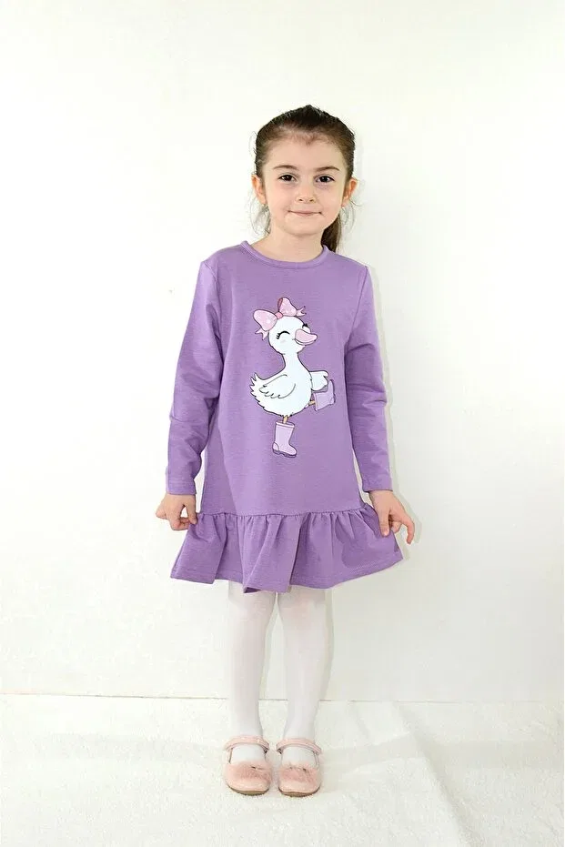 Детское платье для девочек с принтом Duck Printed Long Sleeve Sevimli, Lilac