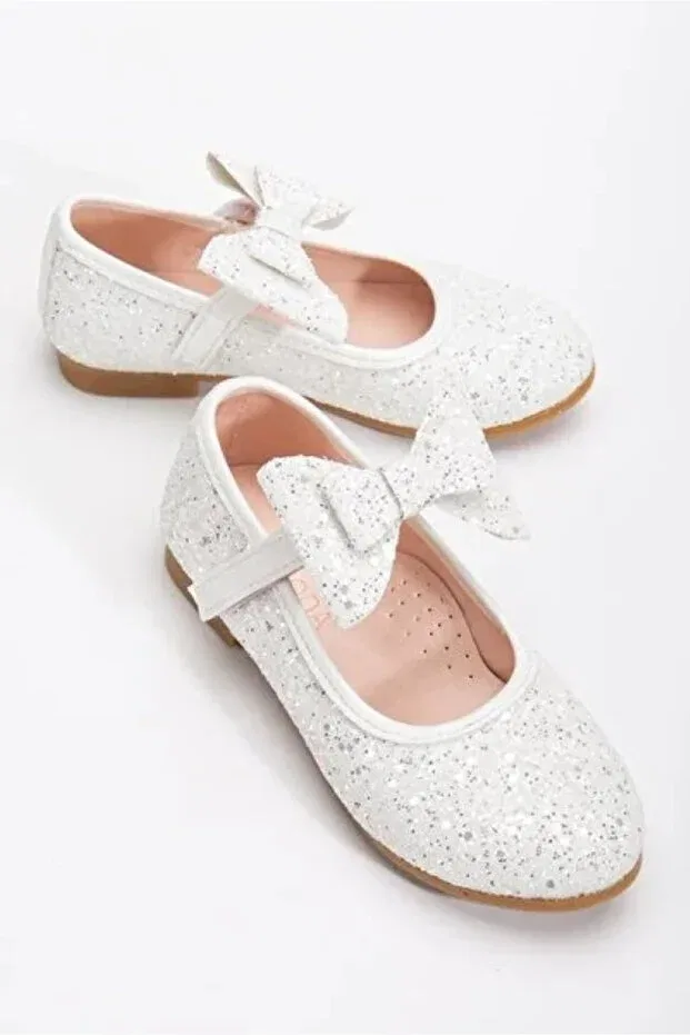 Детские балетки для девочек с блестящим бантом Altın Moda Shoes, White
