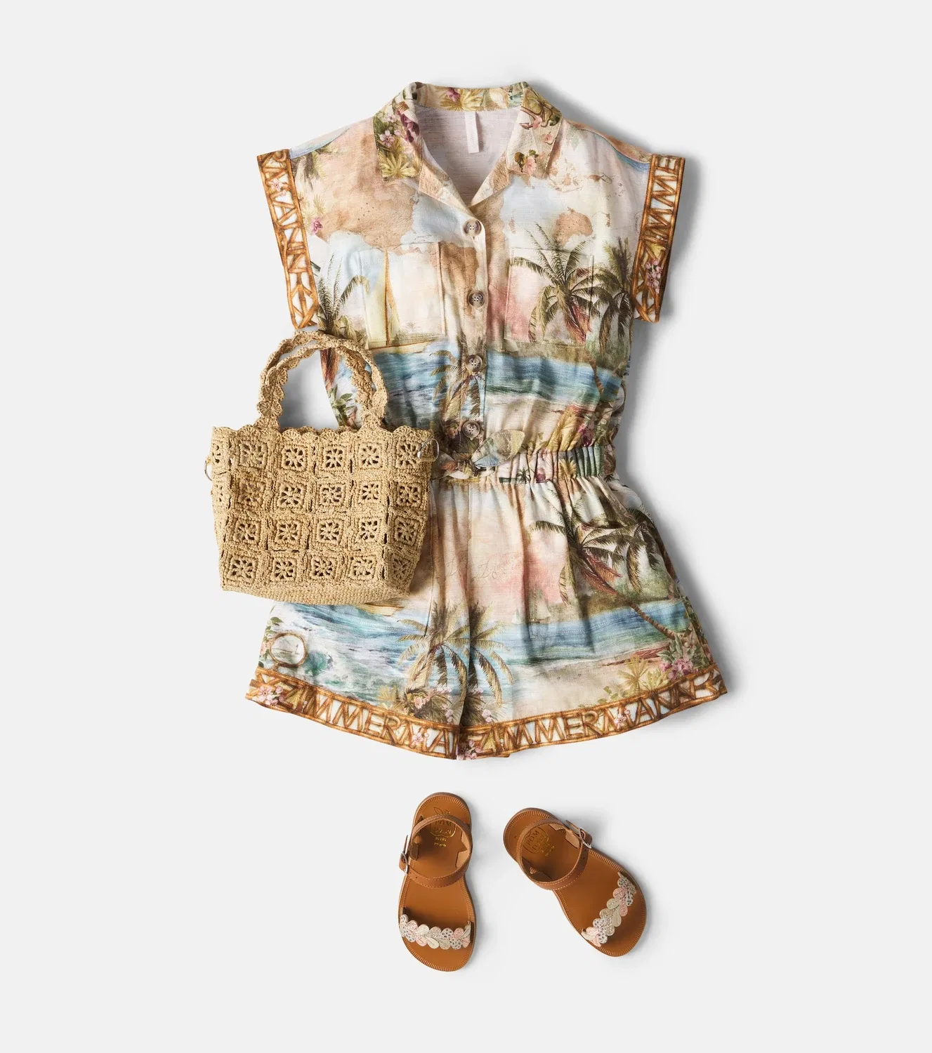 Комбинезон хлопковый с принтом Zimmermann Kids, бежевый — фото 2