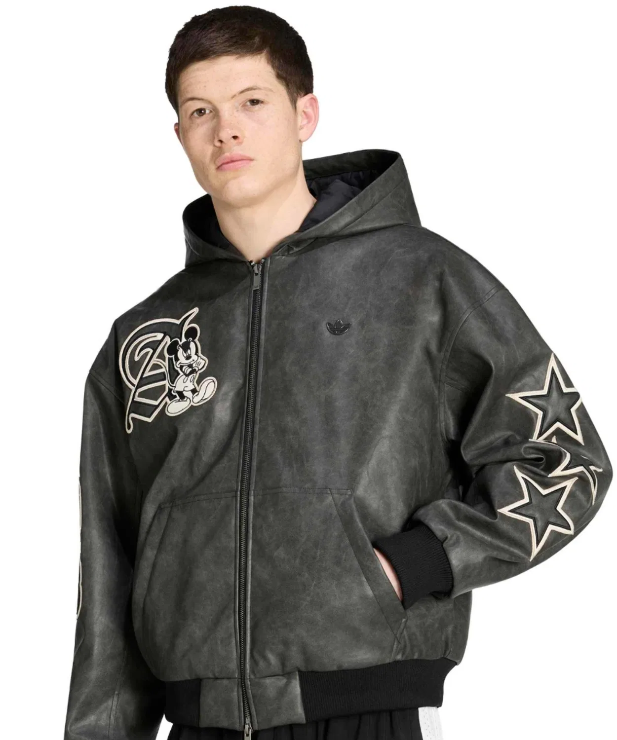 Мужская куртка из искусственной кожи с принтом Mickey Mouse Dreams, Adidas, Black — фото 2