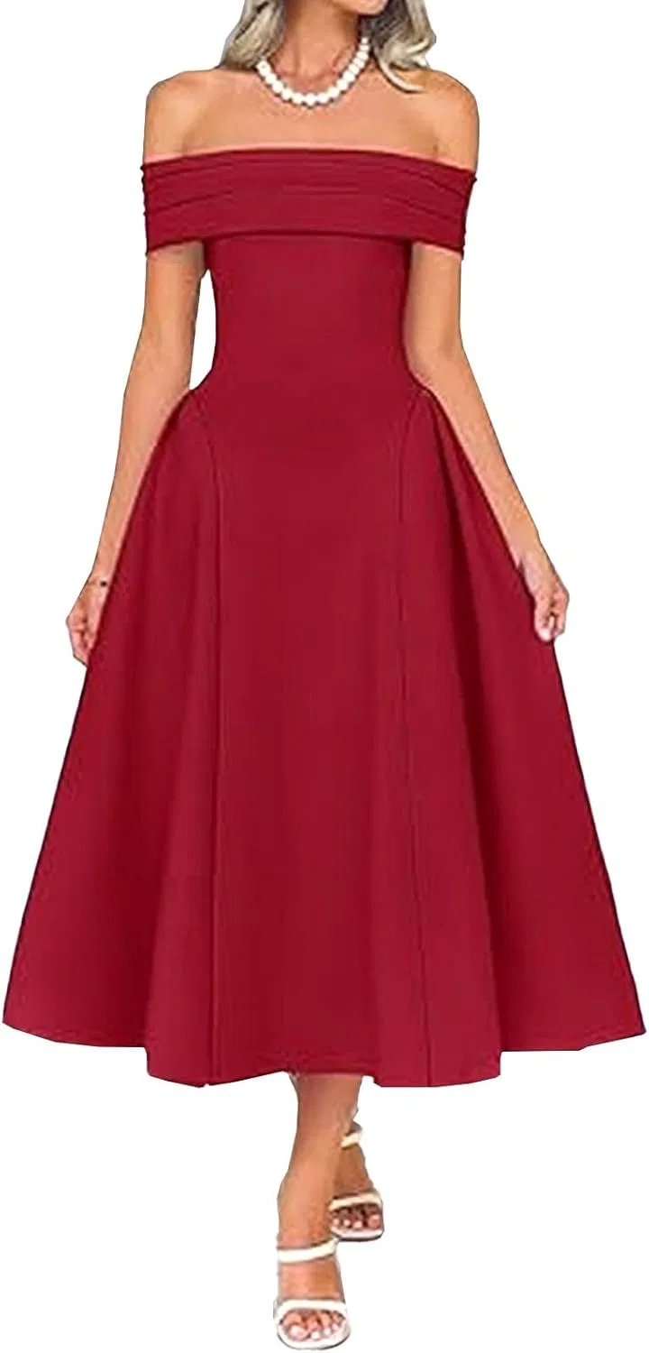 Женское элегантное платье с открытыми плечами, Wine Red