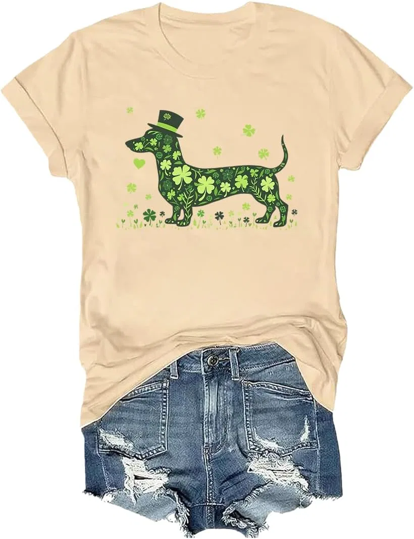 Футболка с принтом таксы St. Patrick's Day, Khaki