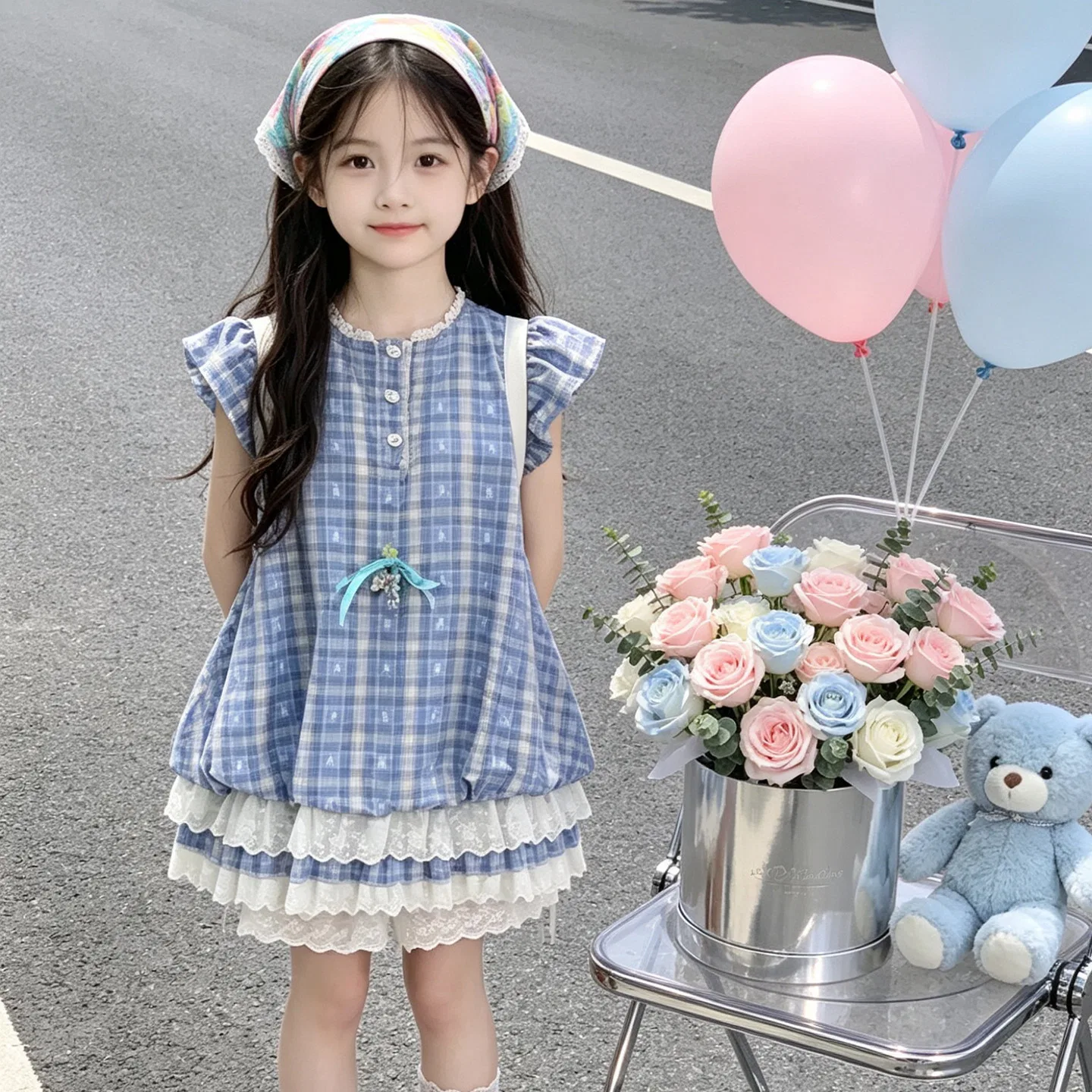 Детский комплект для девочек с принтом Bear Plaid Dress Two-Piece Set TNTX — фото 4