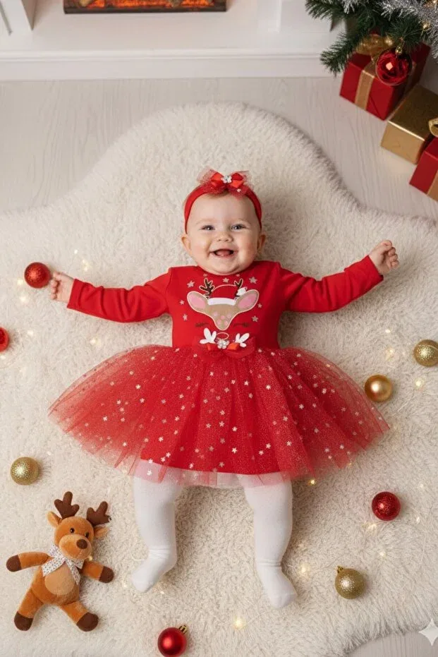 Детский комплект для девочек с принтом New year's red tutu with deer figure new year's bandana and dress 2-piece baby girl set Mamakoala, Red