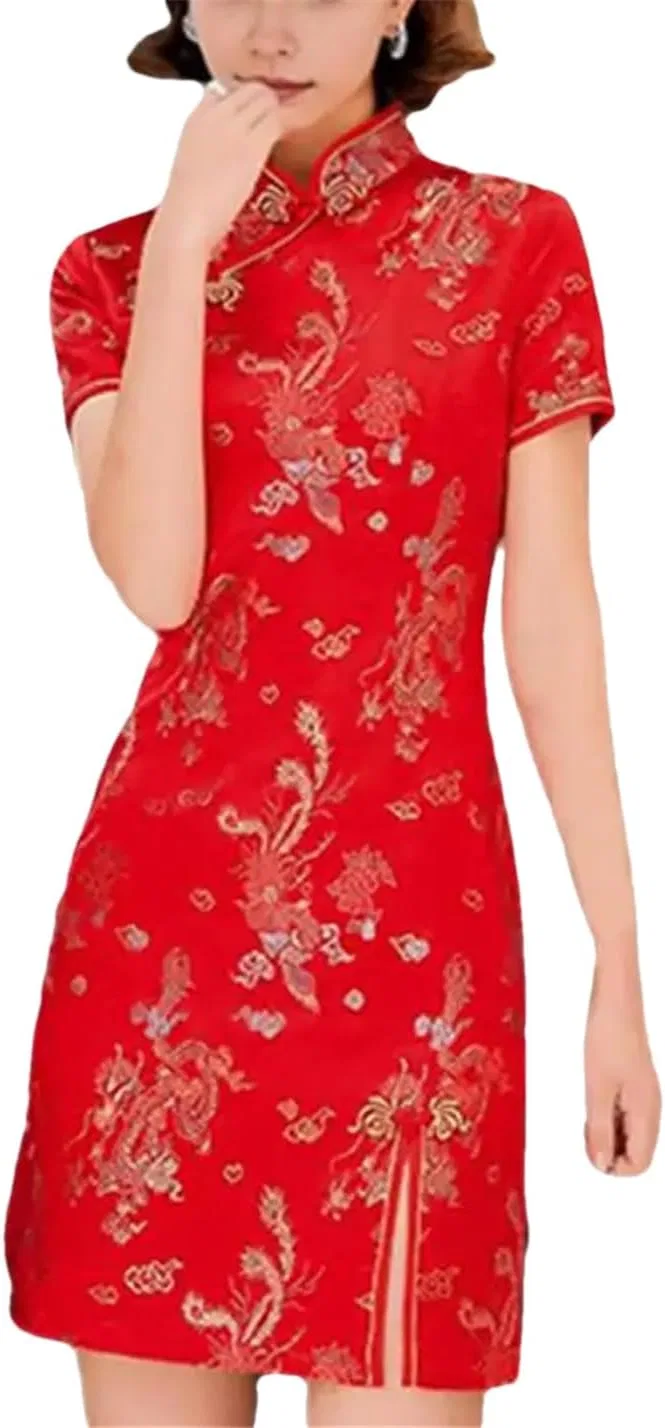 Женское платье-ченгсам с цветочным узором Slim Fit, Red