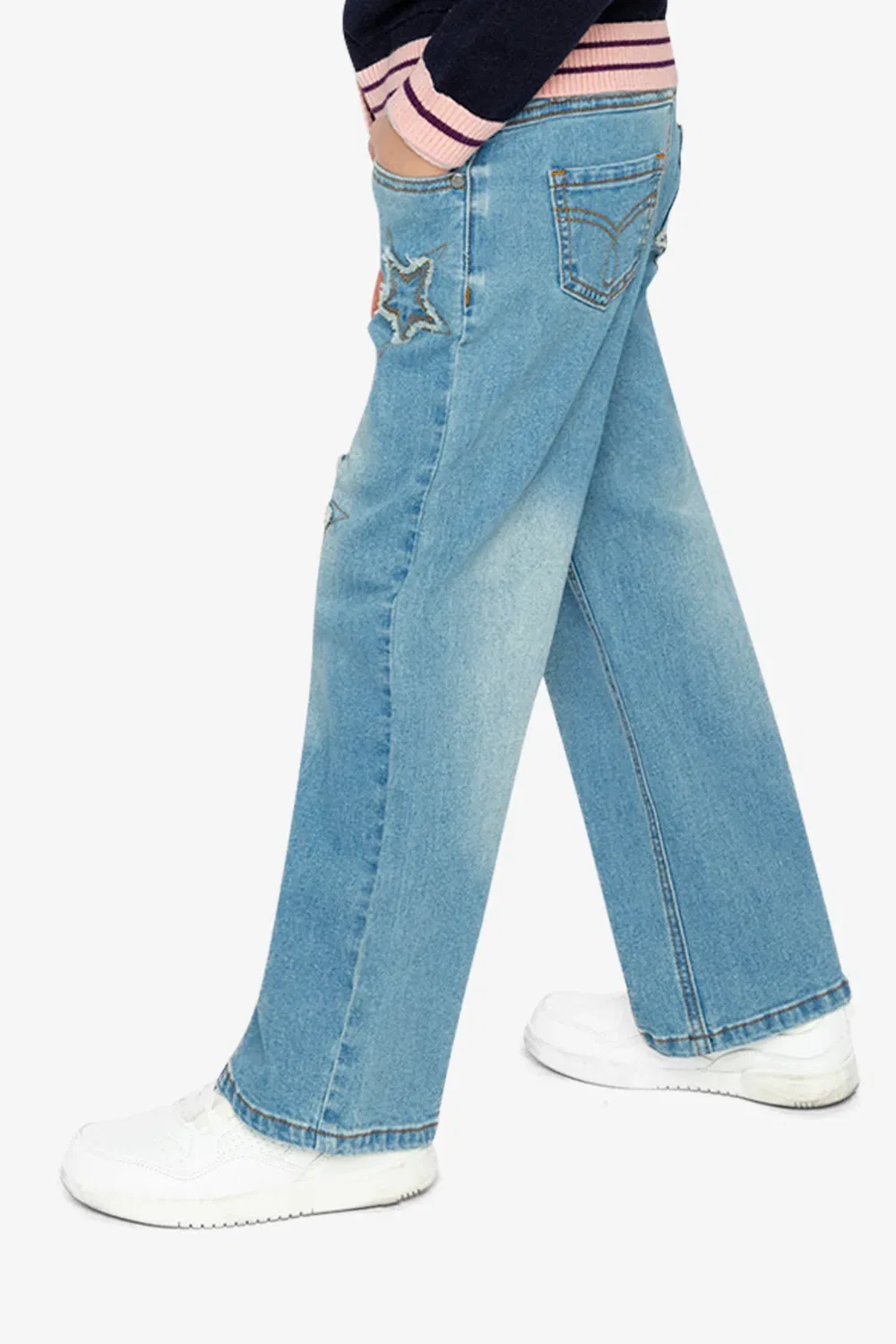 Детские джинсы для девочек с вышивкой звезд Varsity League Deux par Deux, Navy Blue Denim — фото 4