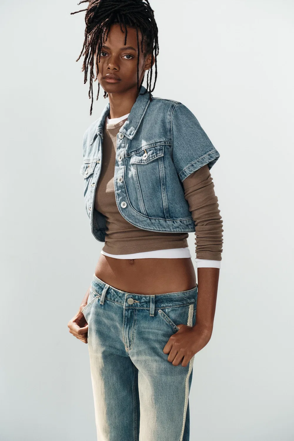 Джинсы TRF средней посадки прямого кроя с боковыми вставками ZARA, Blue — фото 4