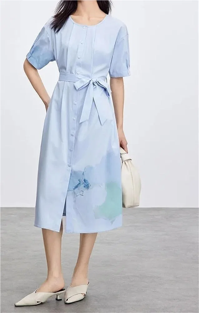 Женское платье-трапеция с запахом на пуговицах, рукав-фонарик, Sky Blue Dress — фото 4