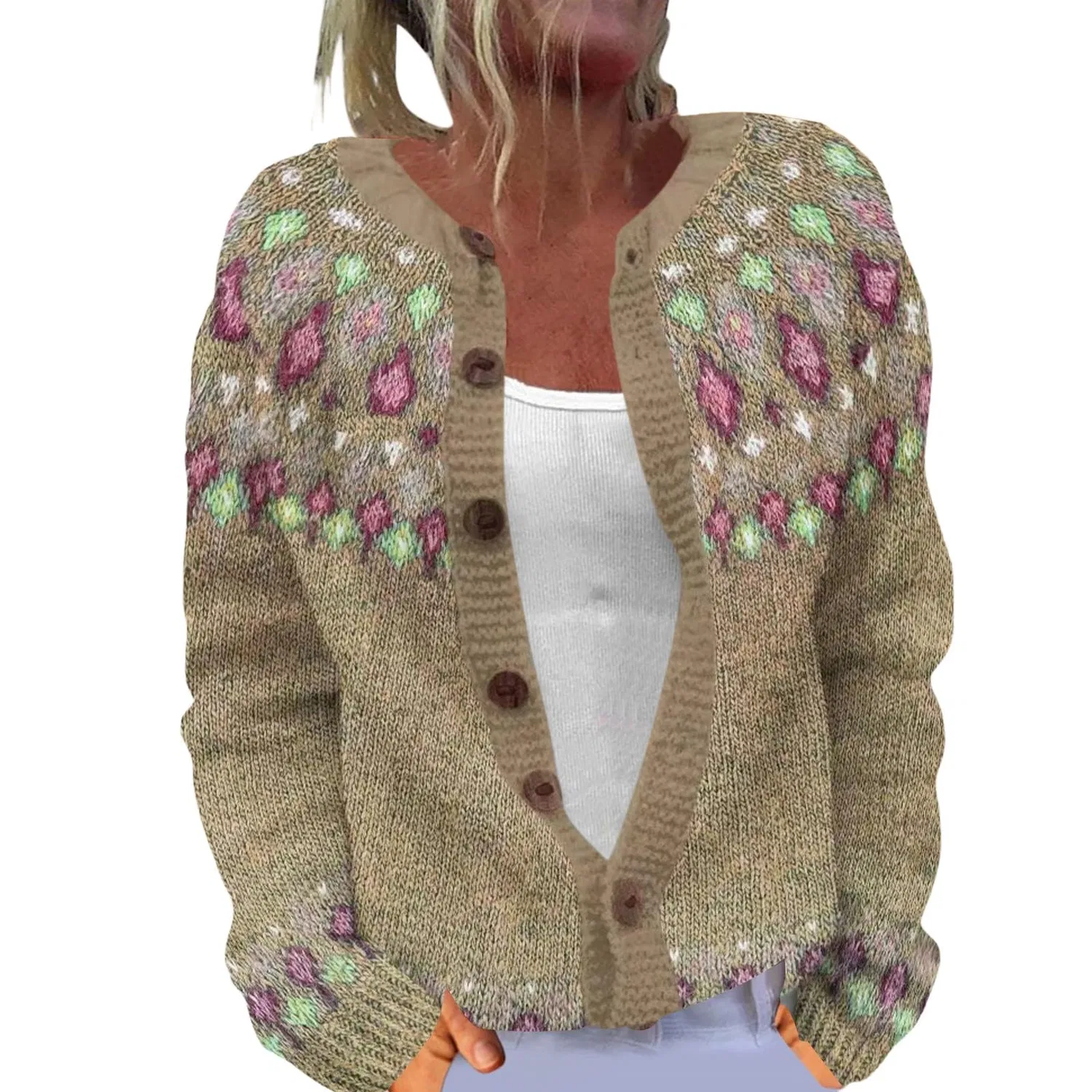 Женский кардиган с нордическим узором Fair Isle с длинным рукавом, Khaki-a