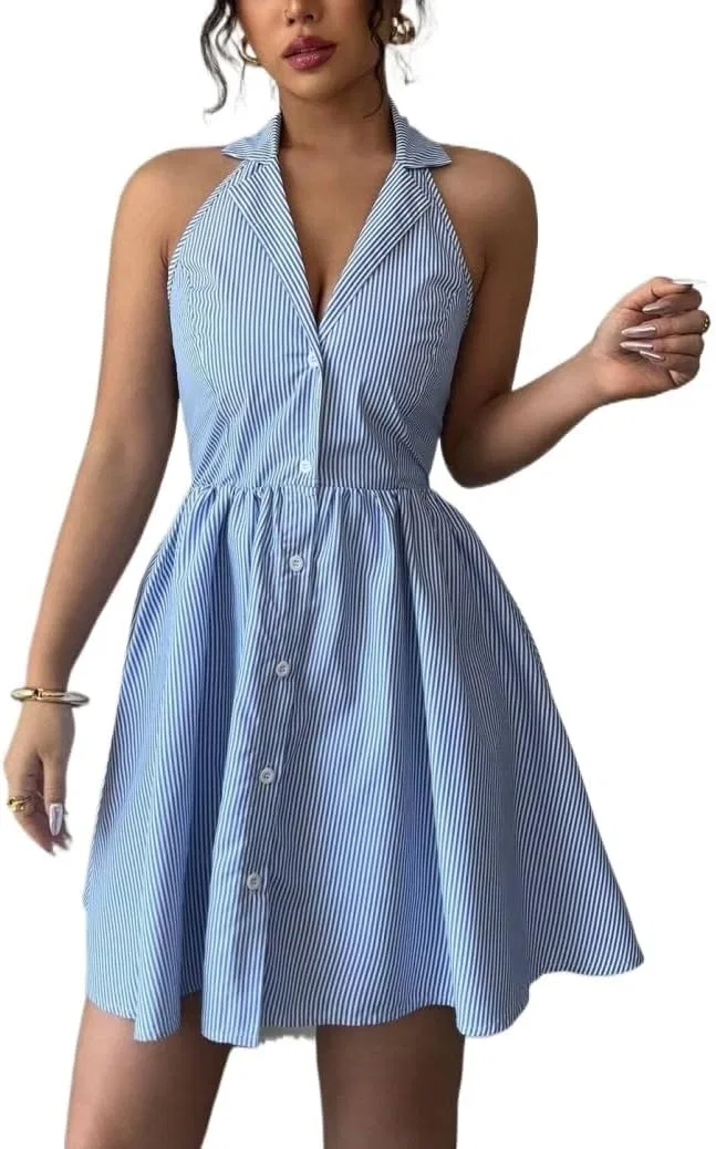 Женское повседневное мини-платье A-силуэта с запахом, Blue/White