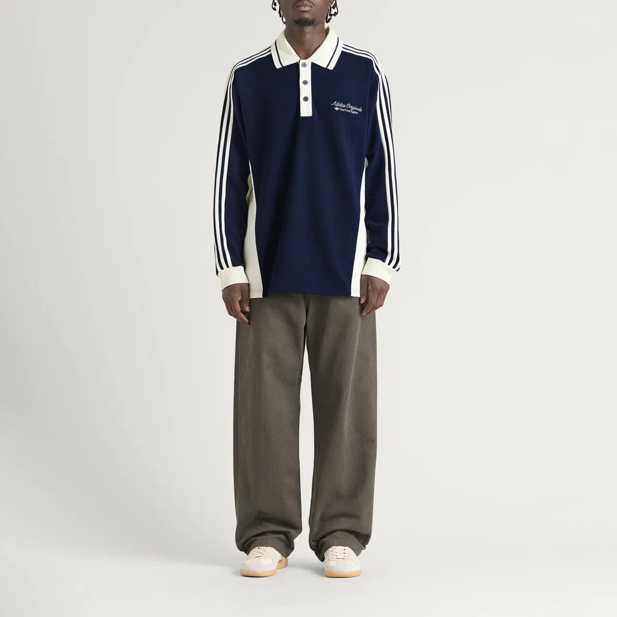 Лонгслив-поло с воротником, модель Long Sleeved Polo Shirt Adidas, Night Indigo & Off White — фото 4