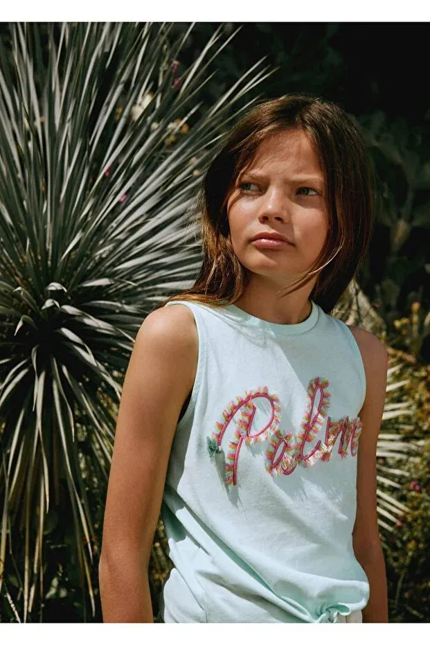 Детская футболка для девочек с вышивкой Mango Kids, Water Green — фото 4