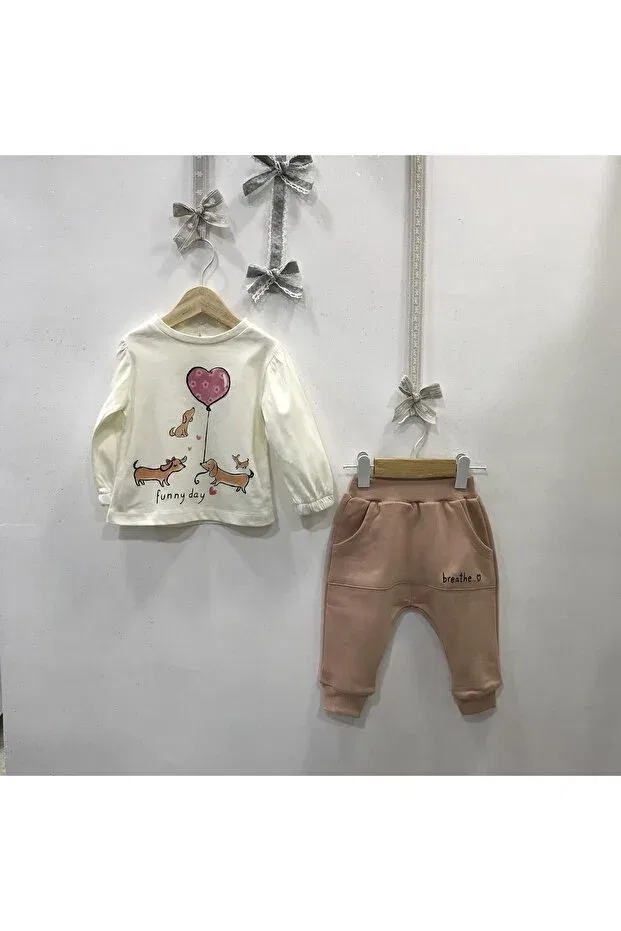 Детский комплект для девочек с принтом Funny Day Tracksuit Set Çikoby, Ecru Vison
