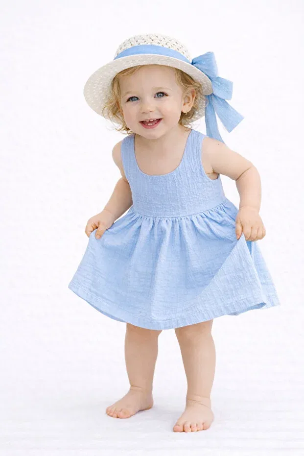 Детское платье для девочек хлопковое комплект платьев Sweet baby girl summer dress with bow hat cotton 2-piece dress Chicsy Baby, Bebe Blue — фото 4