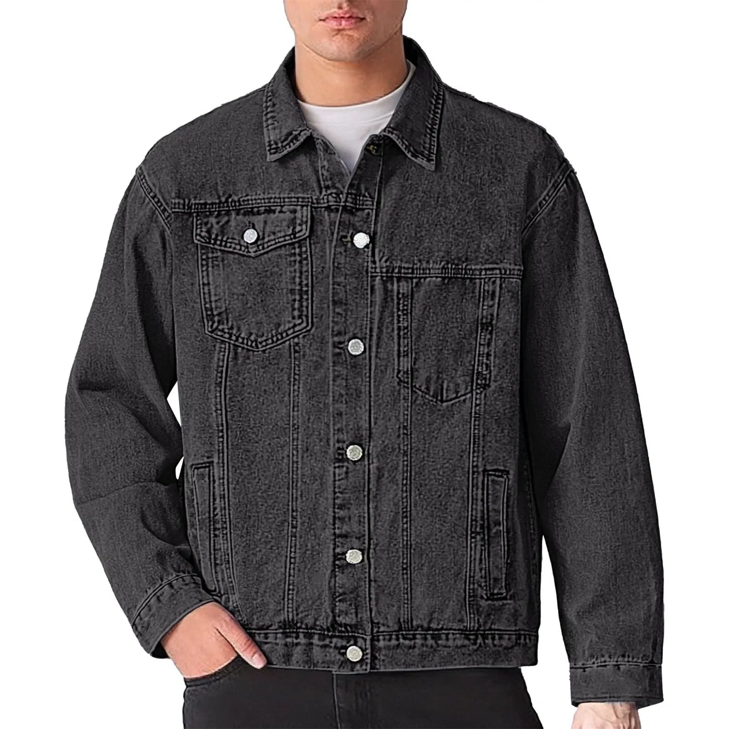 Мужская джинсовая куртка с потертостями и длинным рукавом, Z11-grey Denim Giacca Uomo