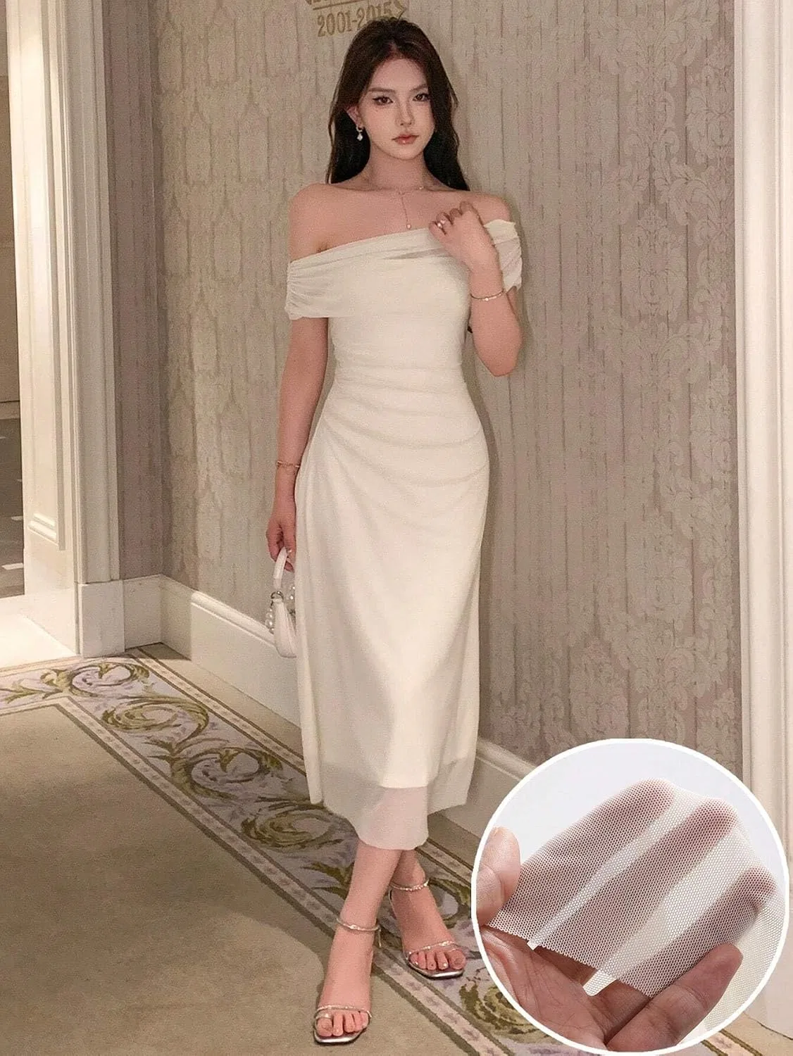 Женское A-силуэта платье миди с открытыми плечами, Beige — фото 2