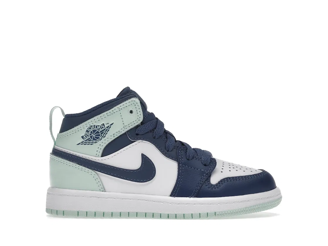 Детские кроссовки с кожаным верхом Jordan 1 Mid Jordan, Mystic Navy/White/Mint Foam
