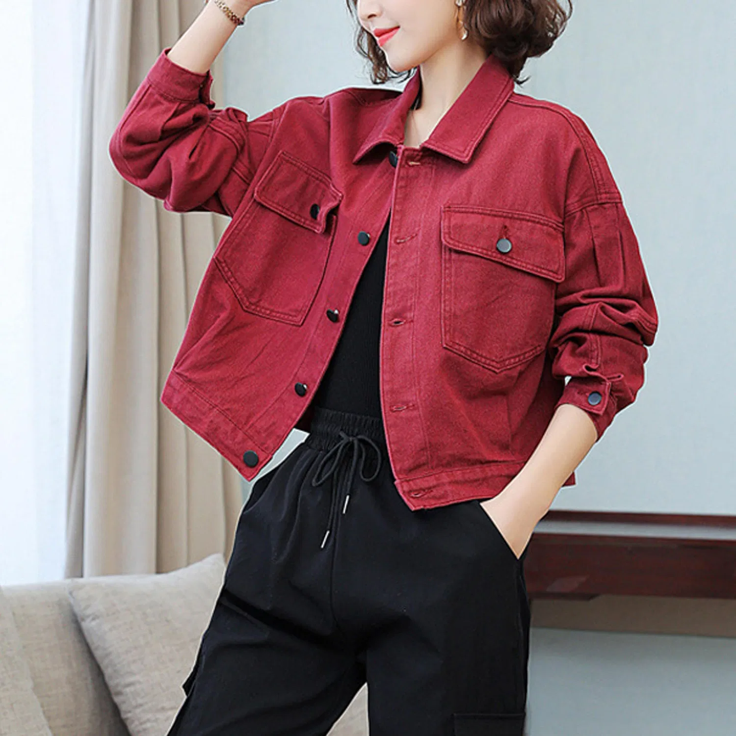 Женская джинсовая куртка oversize с длинным рукавом, Vino rosso — фото 3
