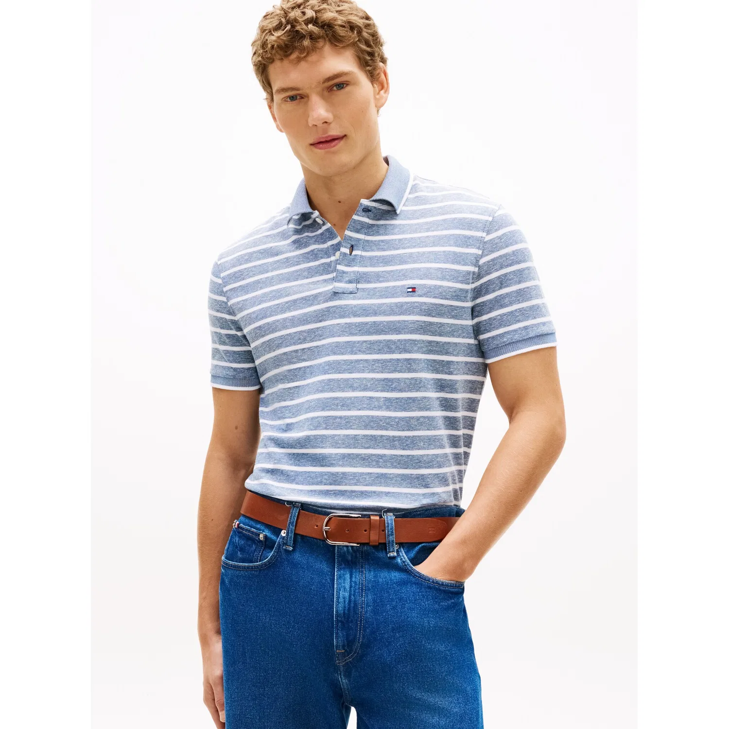Мужское поло Regular Fit из льна и хлопка Tommy Hilfiger, Blue Jean/White