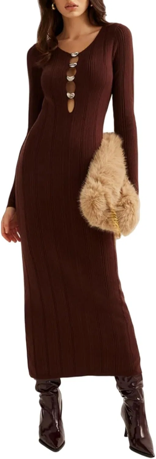Женское платье-свитер с вырезами bodycon Ribbed Knit, Dark Brown