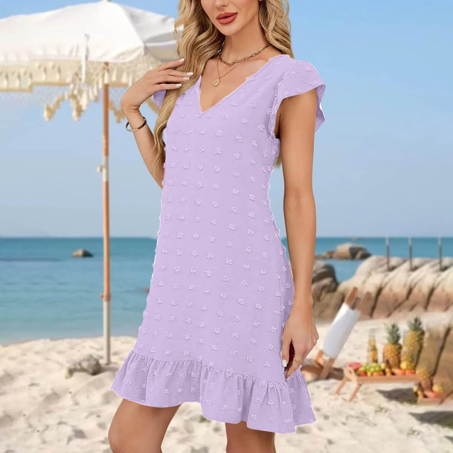 Женское мини-платье с V-образным вырезом и рюшами, Purple 1 — фото 3