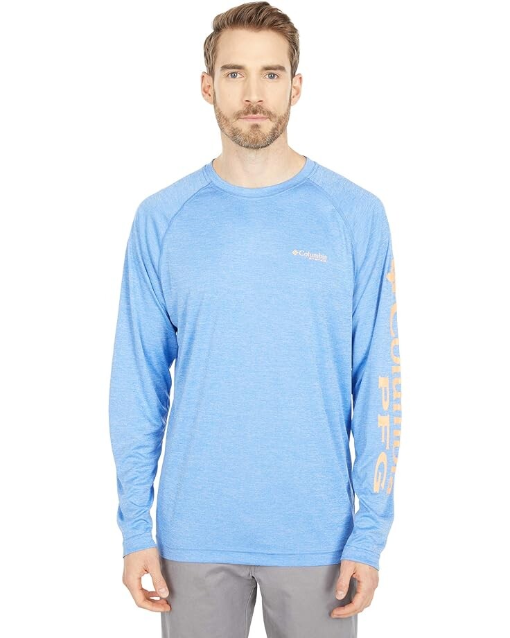 

Рубашка Columbia Terminal Tackle Heather Long Sleeve, цвет Vivid Blue Heather/Bright Nectar Logo