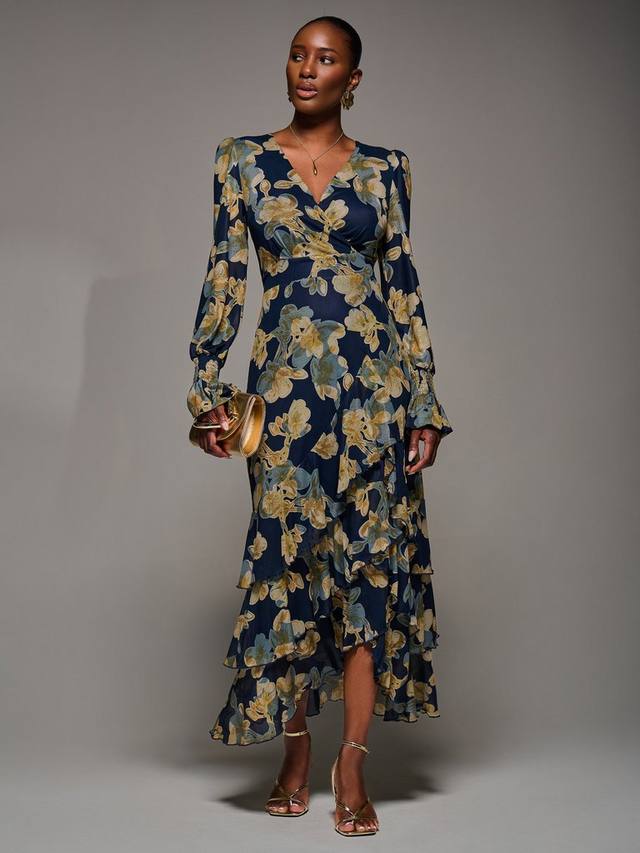 

Флоральное длинное платье с длинными рукавами из сетки Jolie Moi, Yellow Floral