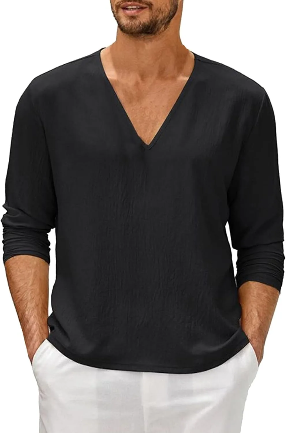 

Мужская льняная рубашка с V-образным вырезом и длинными рукавами Maiyifu-GJ