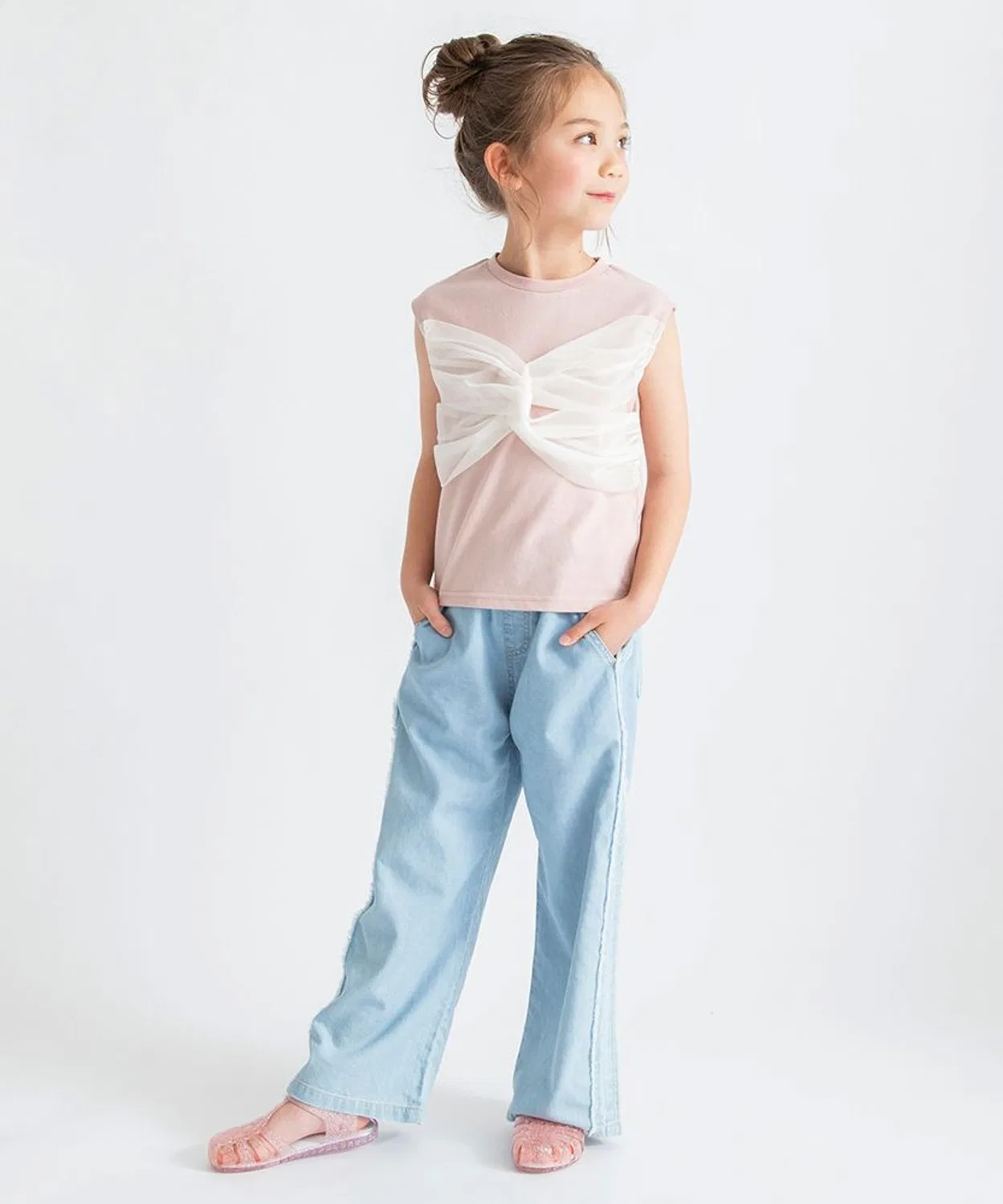 Детский топ с рукавом-фонарик и тюлевым акцентом, модель Cross Design, branshes, Pink — фото 4
