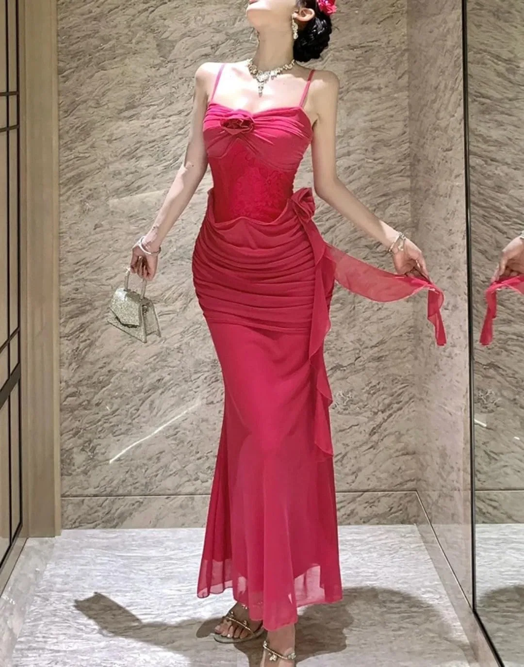 Женское платье макси из сетки с жаккардовой вставкой, Rose Red — фото 2