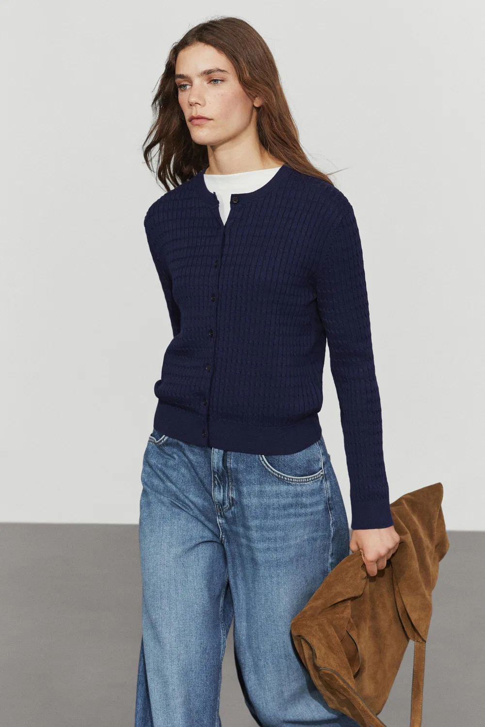 Кардиган Massimo Dutti 100% Cotton Braided Knit, глубокий синий — фото 3