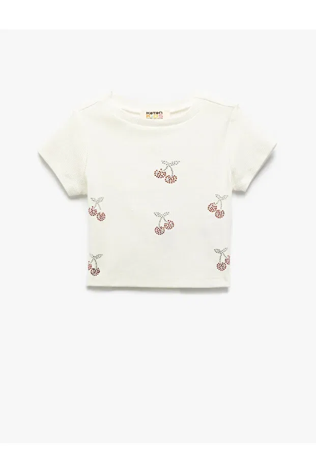 Детская футболка с принтом Cotton Cherry Printed Crew Neck Short Sleeve T-Shirt Koton, Ecru