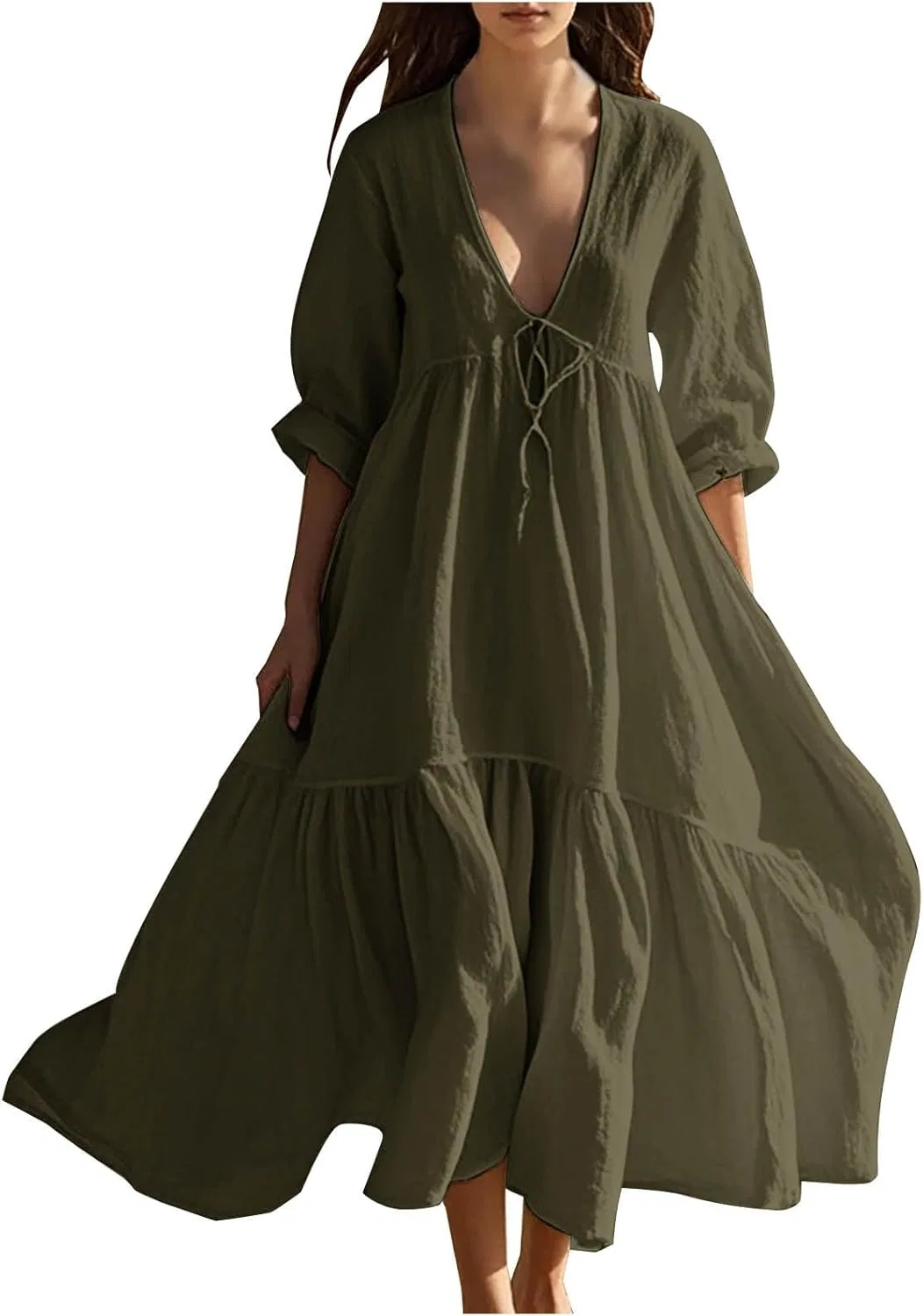 Женское летнее платье макси с V-образным вырезом и рукавами 3/4, Army Green
