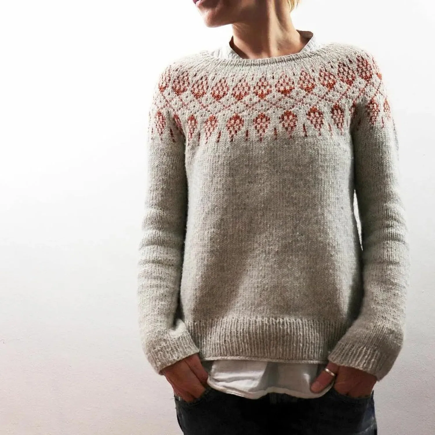 Женский свитер с принтом Fair Isle HUIFUAO, A07 Khaki — фото 2