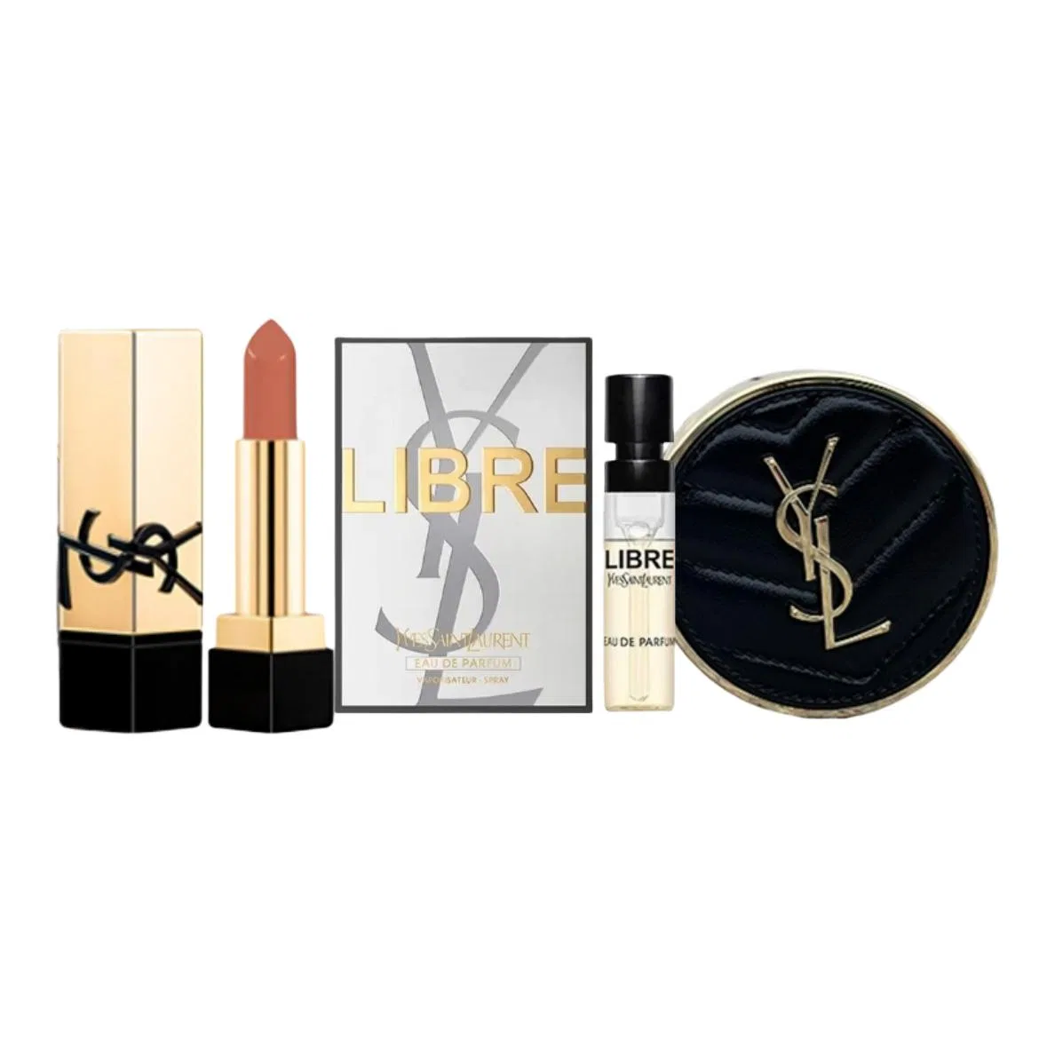 Женский набор пробников косметики Yves Saint Laurent, Black Leather B20, Lipstick Sample, Air Cushion Sample, Water Travel Size