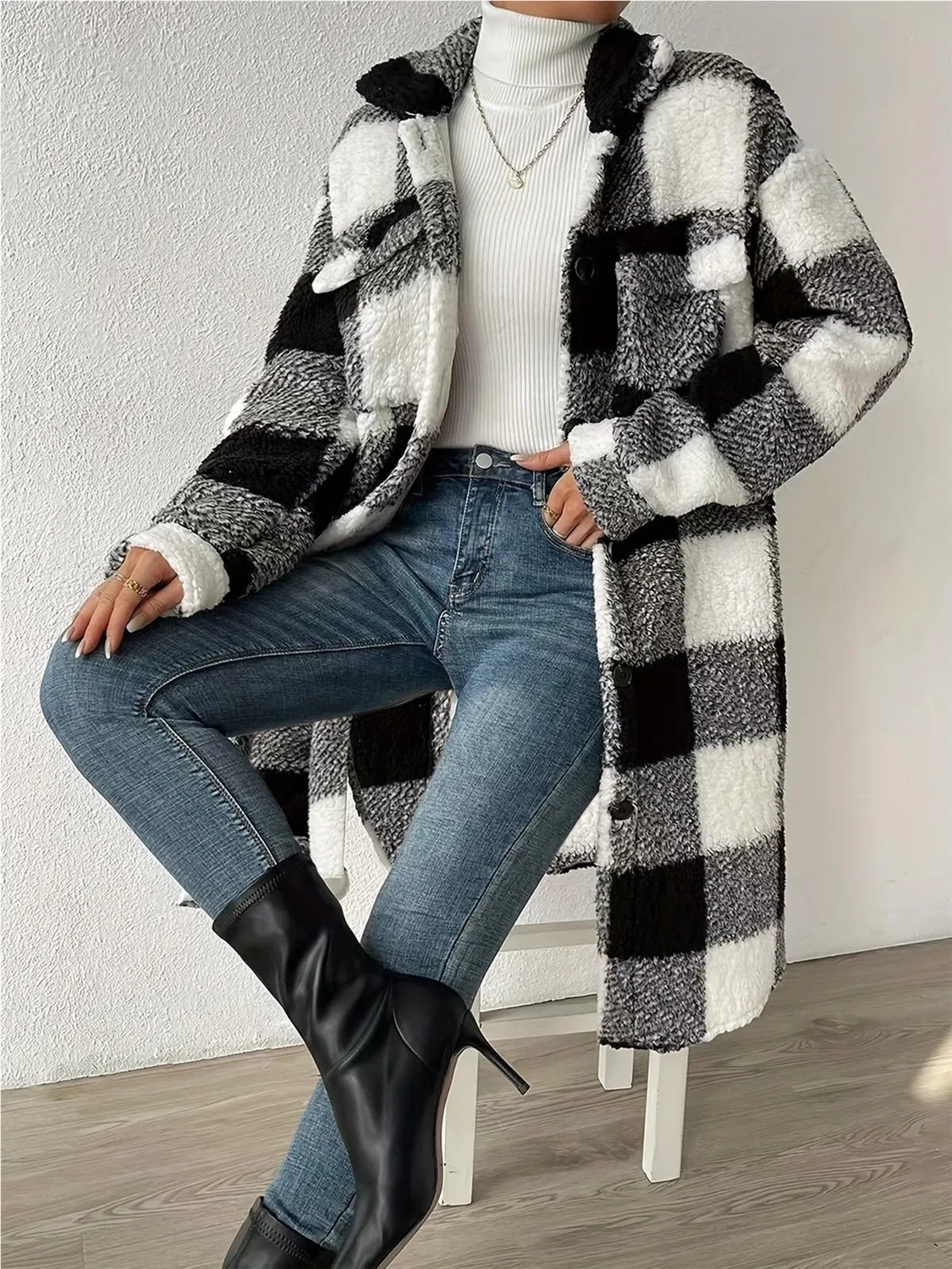 Женское пальто с принтом Camicia Giacca Lunga Donna Quadri Pile Morbido Bottoni Colletto, Beige — фото 2