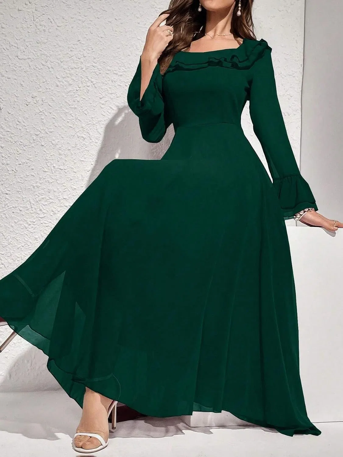 Женское длинное платье A-силуэта с длинным рукавом Generic, Dark Green — фото 3