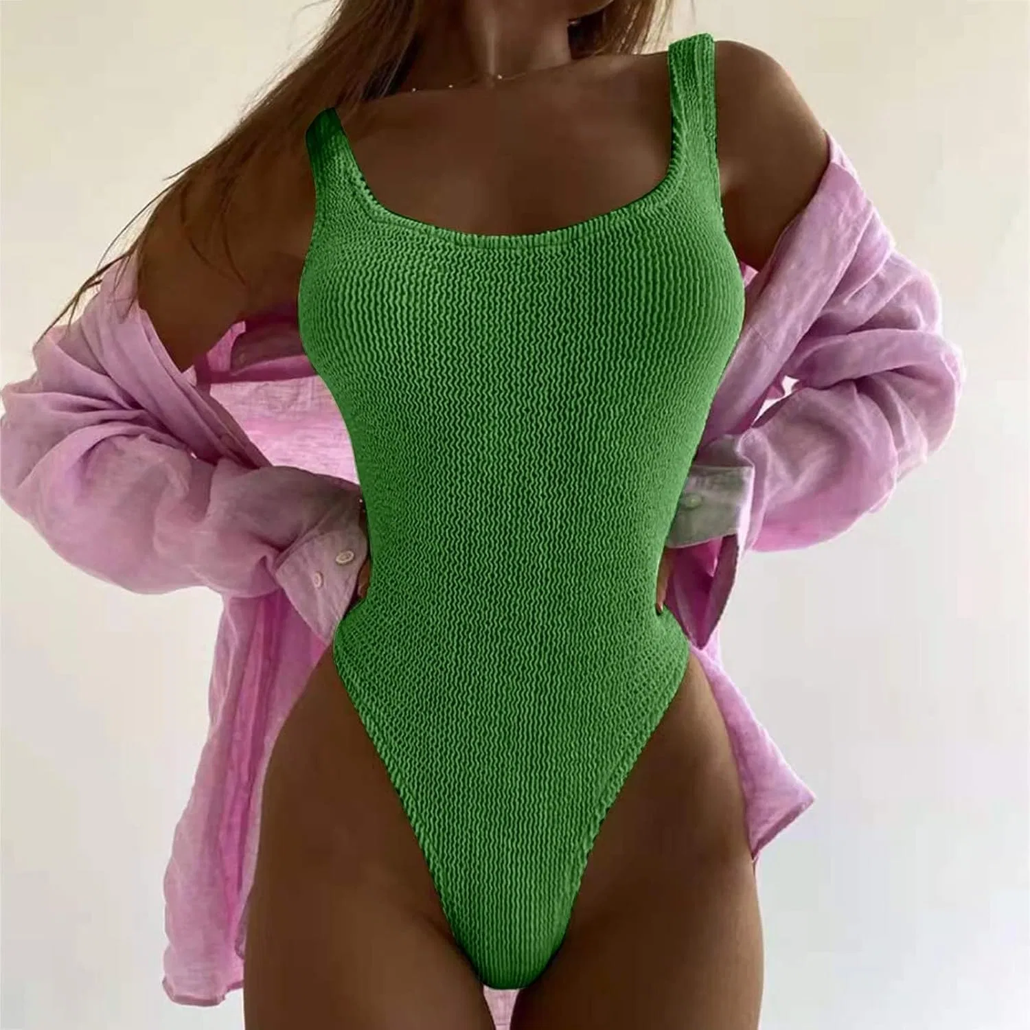 Женский слитный купальник с завышенной талией модели Wrap Tie Back, Army Green — фото 2